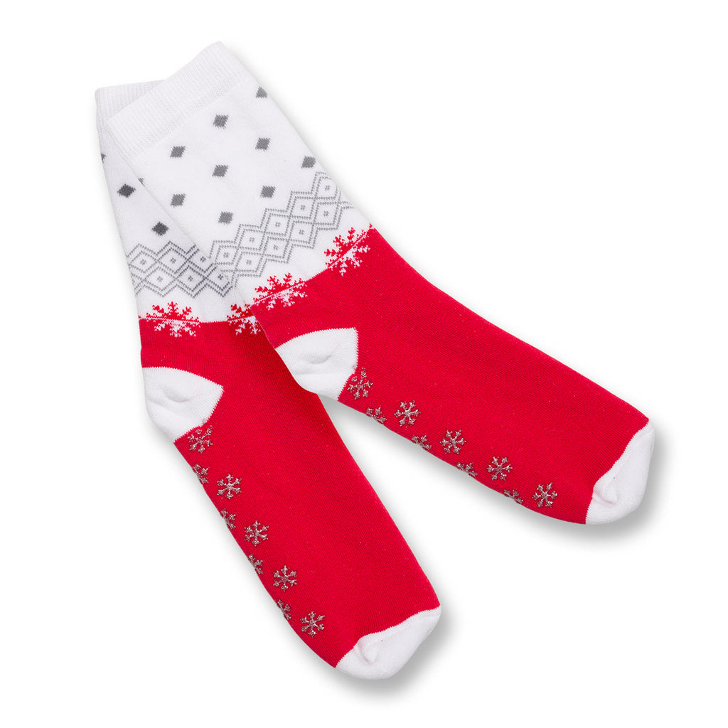 Calzini antiscivolo natalizi rossi e bianchi da donna con ricamo Fiocchi di Neve