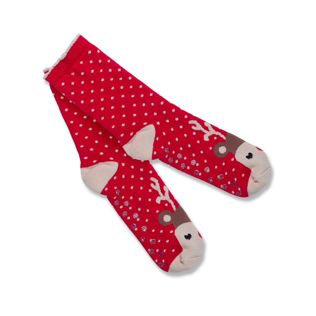 Calzini antiscivolo natalizi rossi da donna con ricamo Renna di Natale