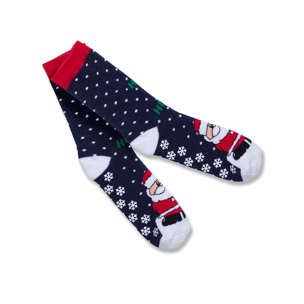 Calzini antiscivolo natalizi blu da bambino con ricamo Babbo Natale