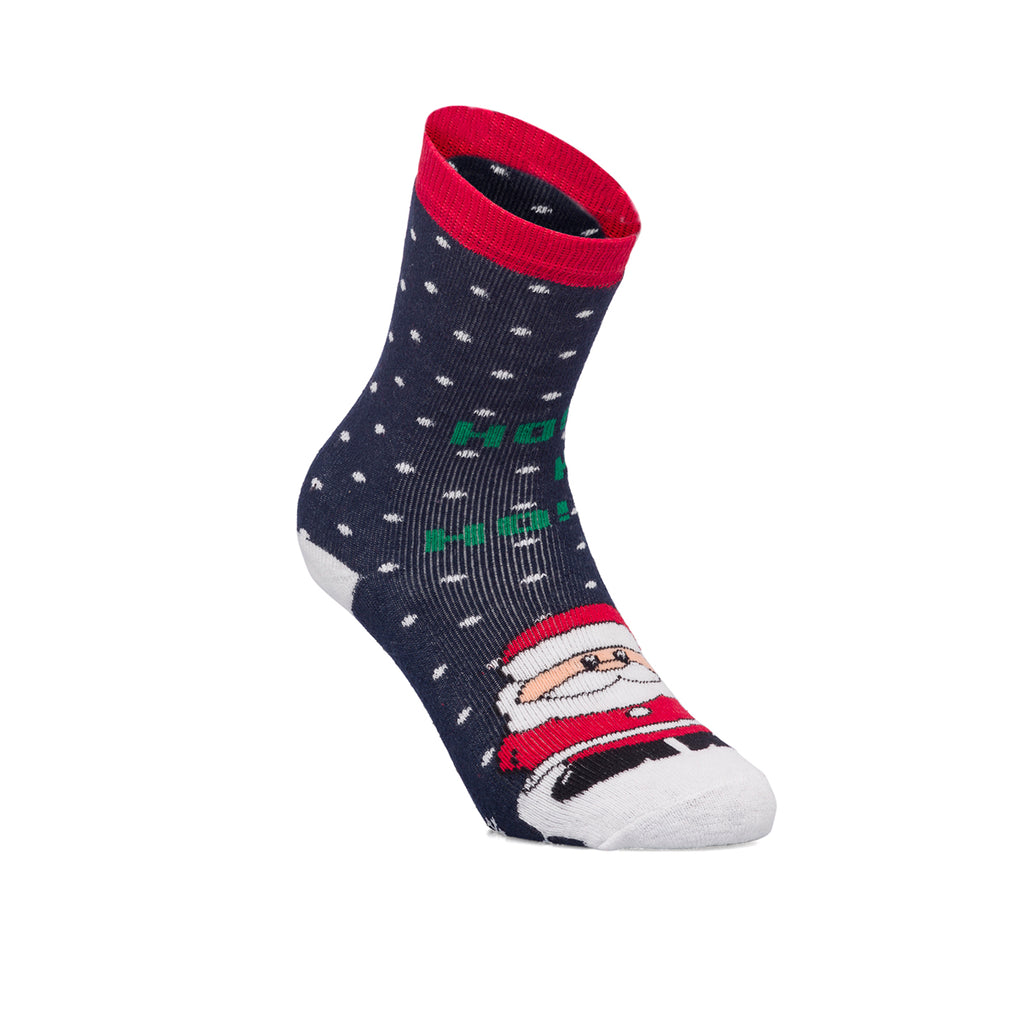 Calzini antiscivolo natalizi blu da bambino con ricamo Babbo Natale