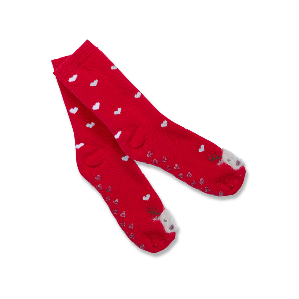 Calzini antiscivolo natalizi rossi da bambino con ricamo Renna di Natale