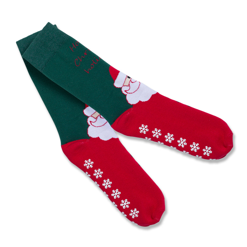 Calzini antiscivolo natalizi verdi e rossi da uomo con ricamo Babbo Natale
