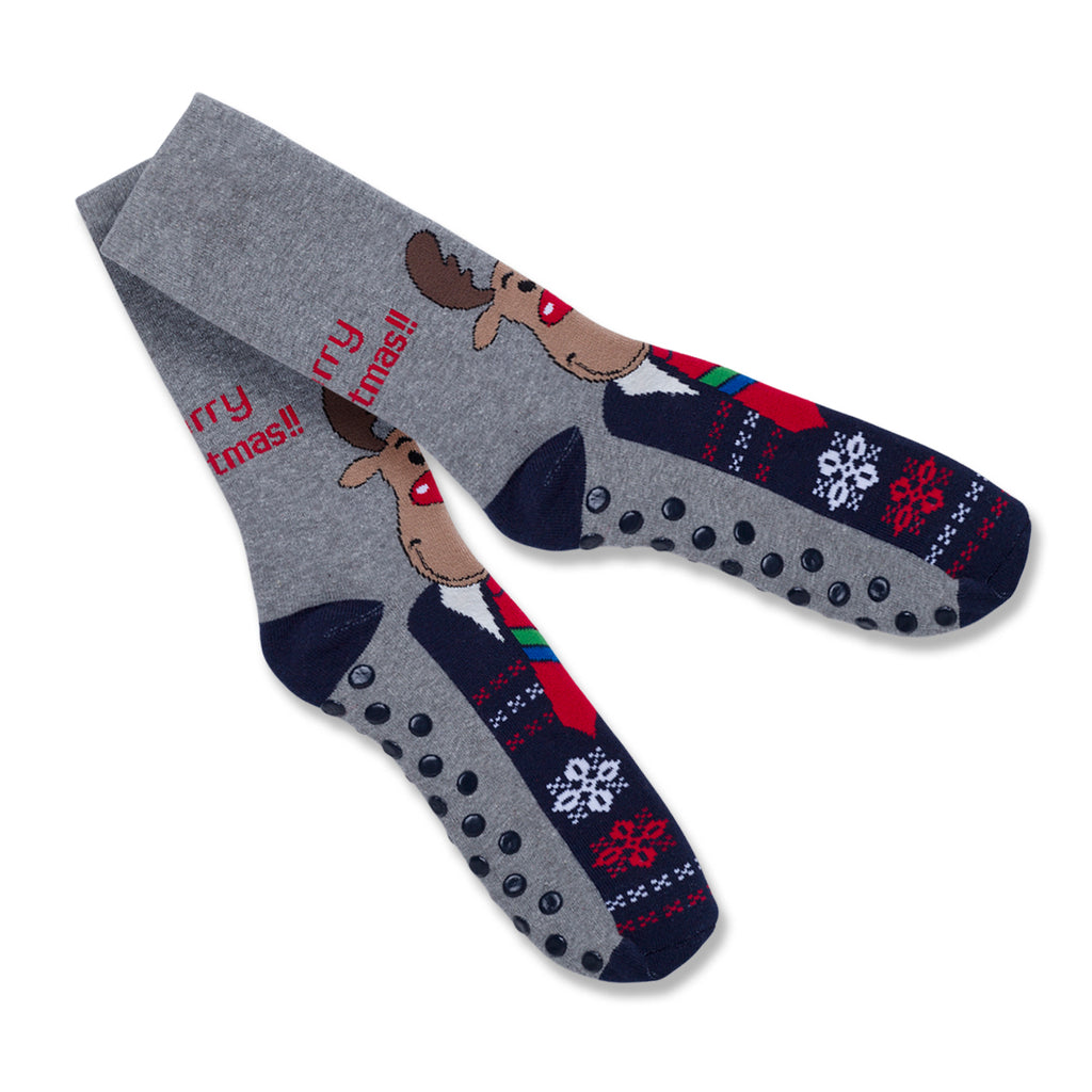 Calzini natalizi grigi e blu da uomo con ricamo Renna di Natale