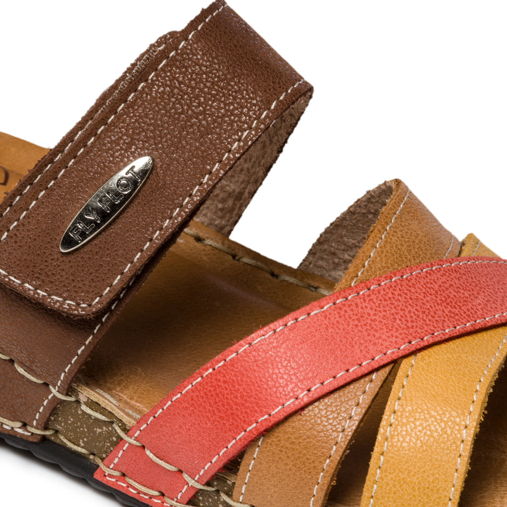 Ciabatte marroni, rosse e ocra in pelle intrecciata Fly Flot