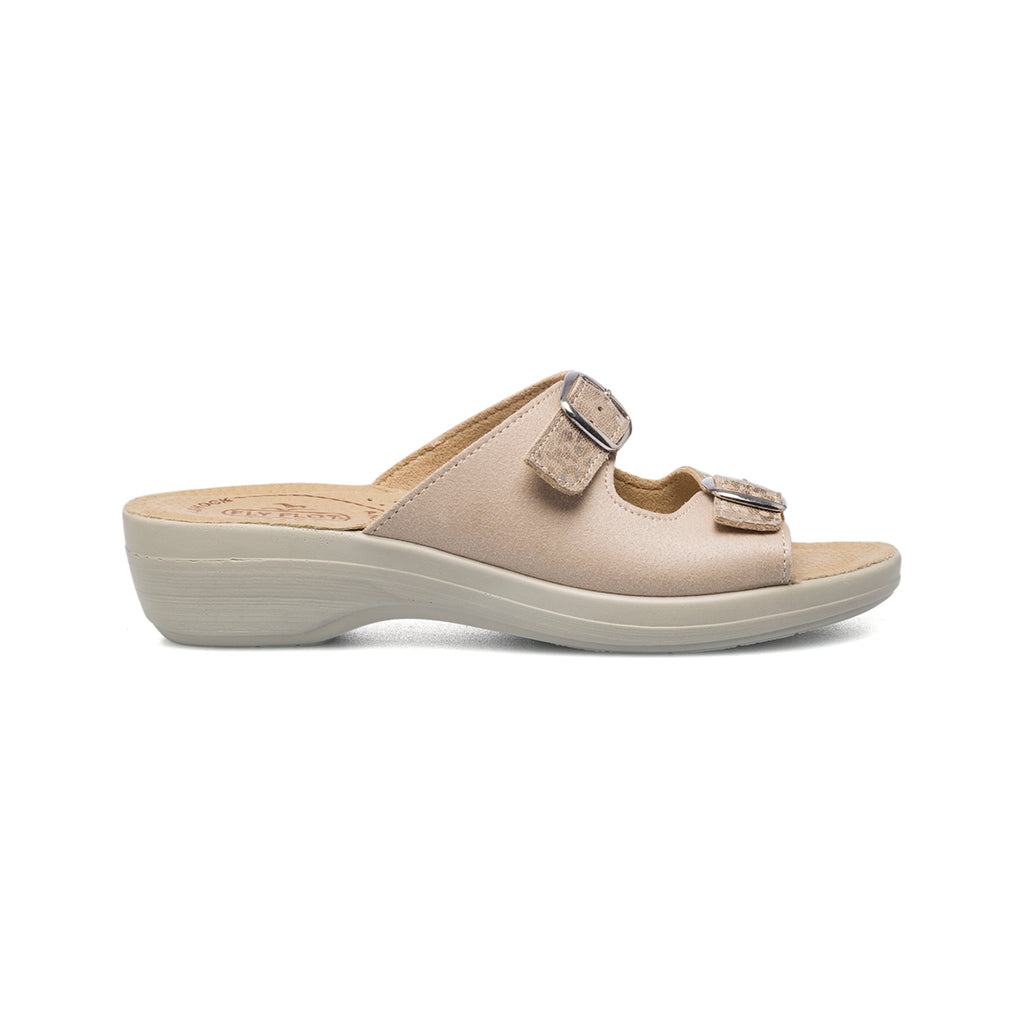 Ciabatte da donna beige in pelle con sottopiede anatomico Fly Flot