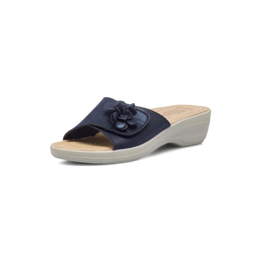 Ciabatte da donna blu in pelle con fiore decorativo Fly Flot