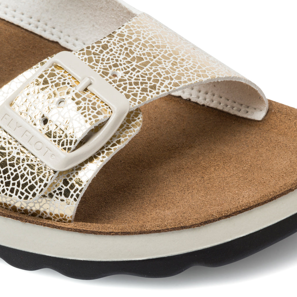 Ciabatte da donna color oro effetto laminato in pelle con sottopiede anatomico Fly Flot