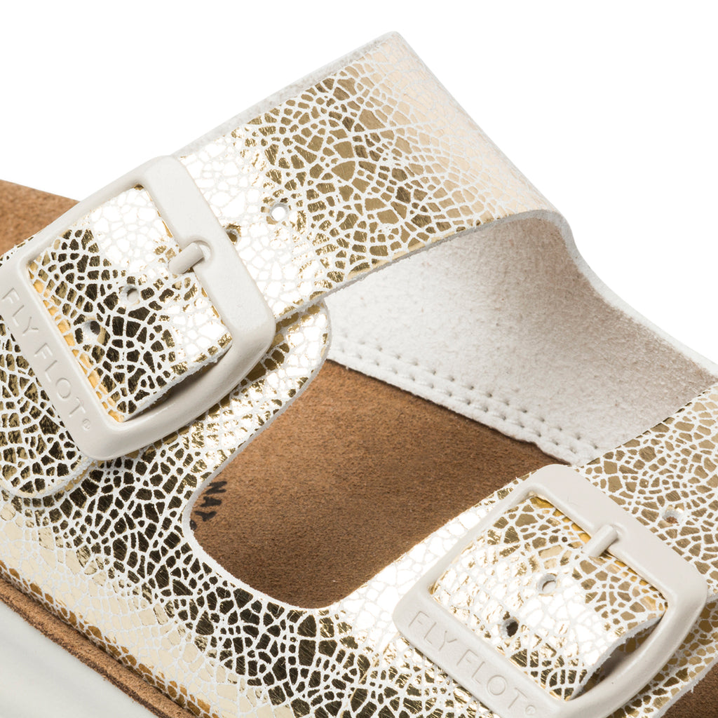 Ciabatte da donna color oro effetto laminato in pelle con sottopiede anatomico Fly Flot