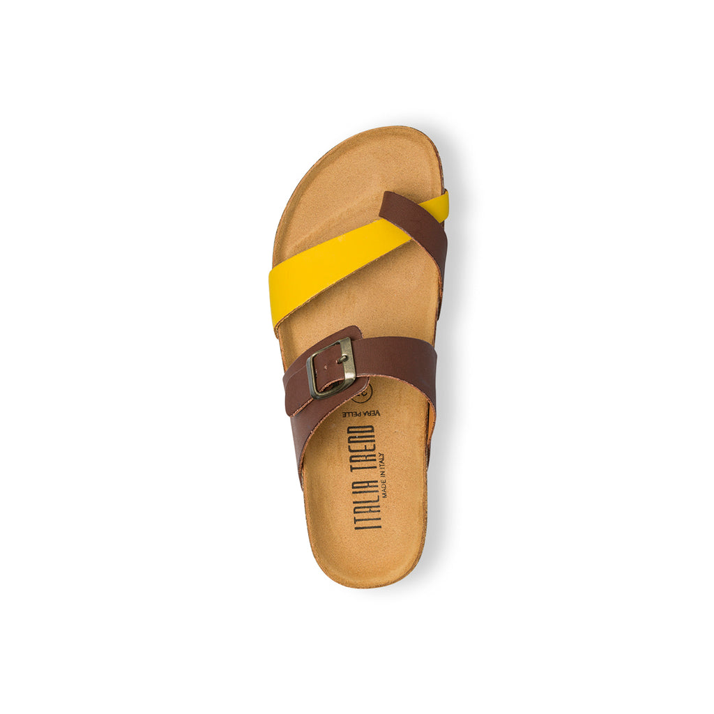 Ciabatte infradito da donna marroni e gialle con fibbia in metallo Italia Trend Cassandra