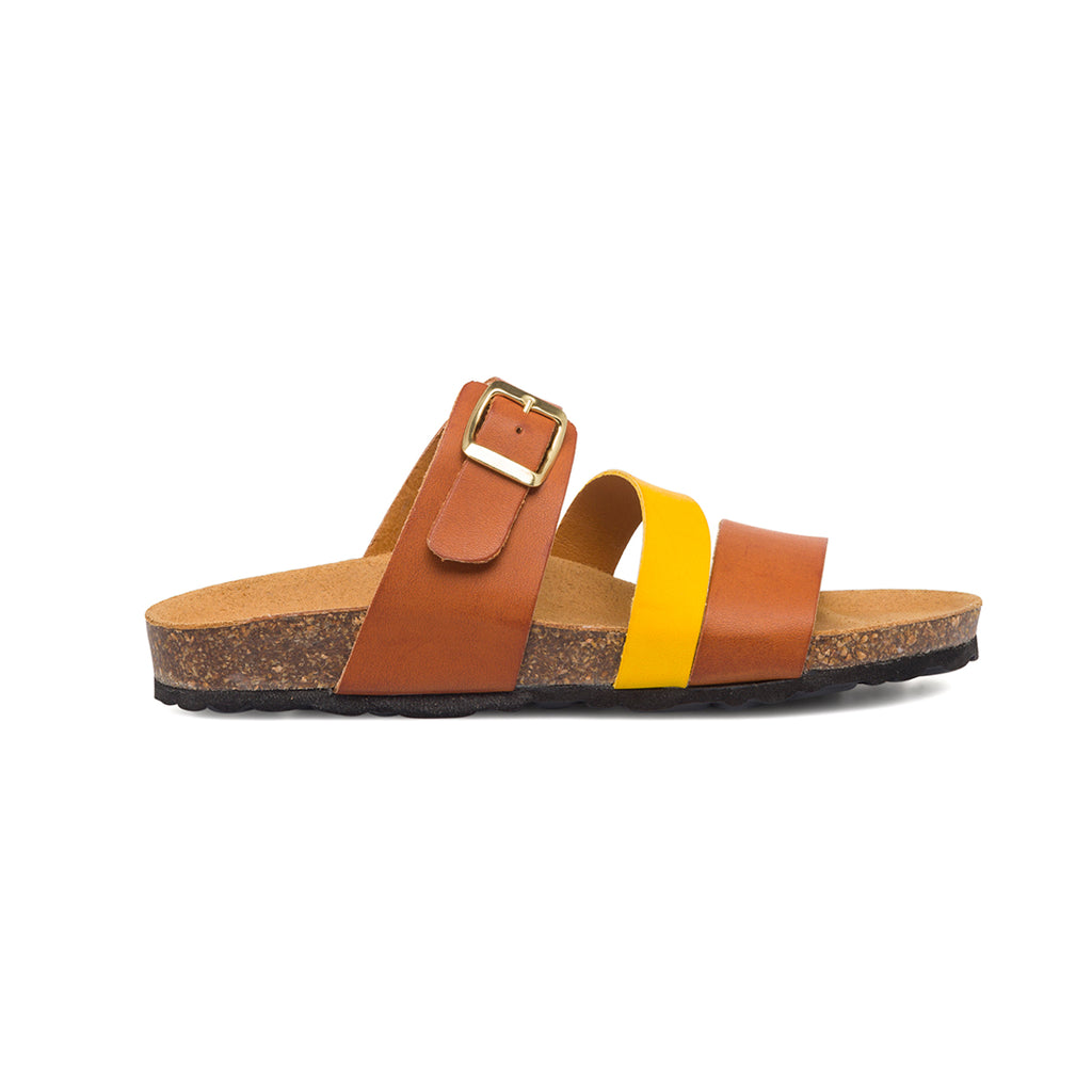 Ciabatte da donna color cuoio e giallo con fibbia in metallo Italia Trend Grazia