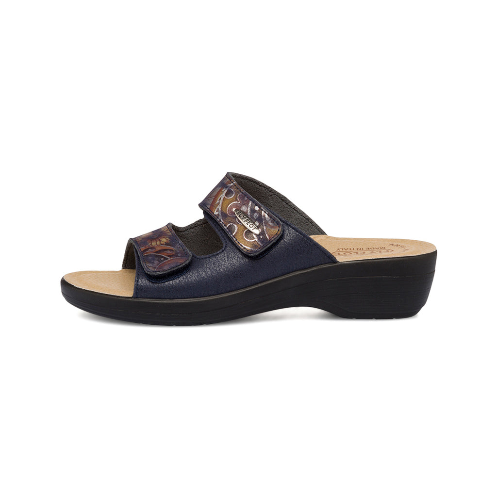 Ciabatte da donna blu con sottopiede in pelle e stampa a contrasto Fly Flot