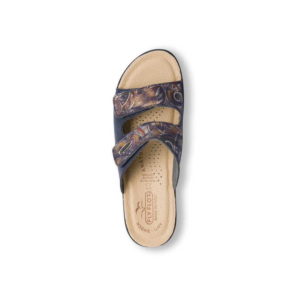 Ciabatte da donna blu con sottopiede in pelle e stampa a contrasto Fly Flot