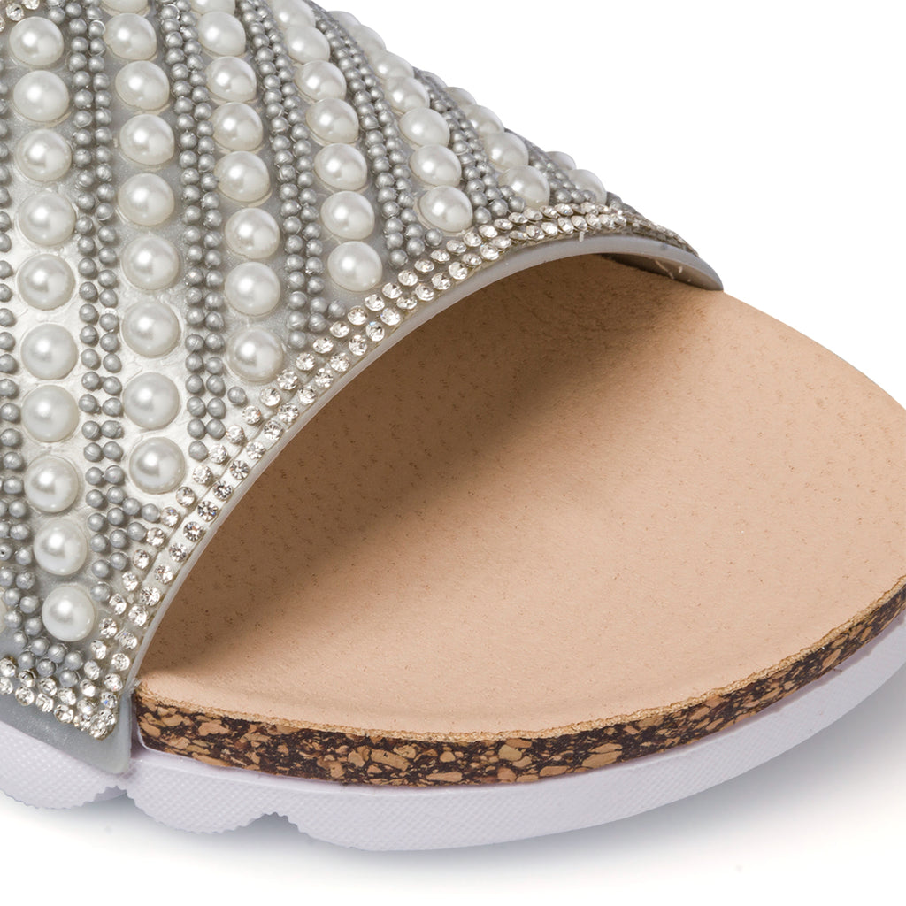 Ciabatte argento da donna con strass e perline Silvia Sikel