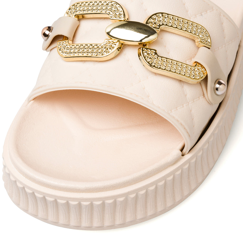 Ciabatte beige trapuntate da donna con morsetto e strass Lora Ferres