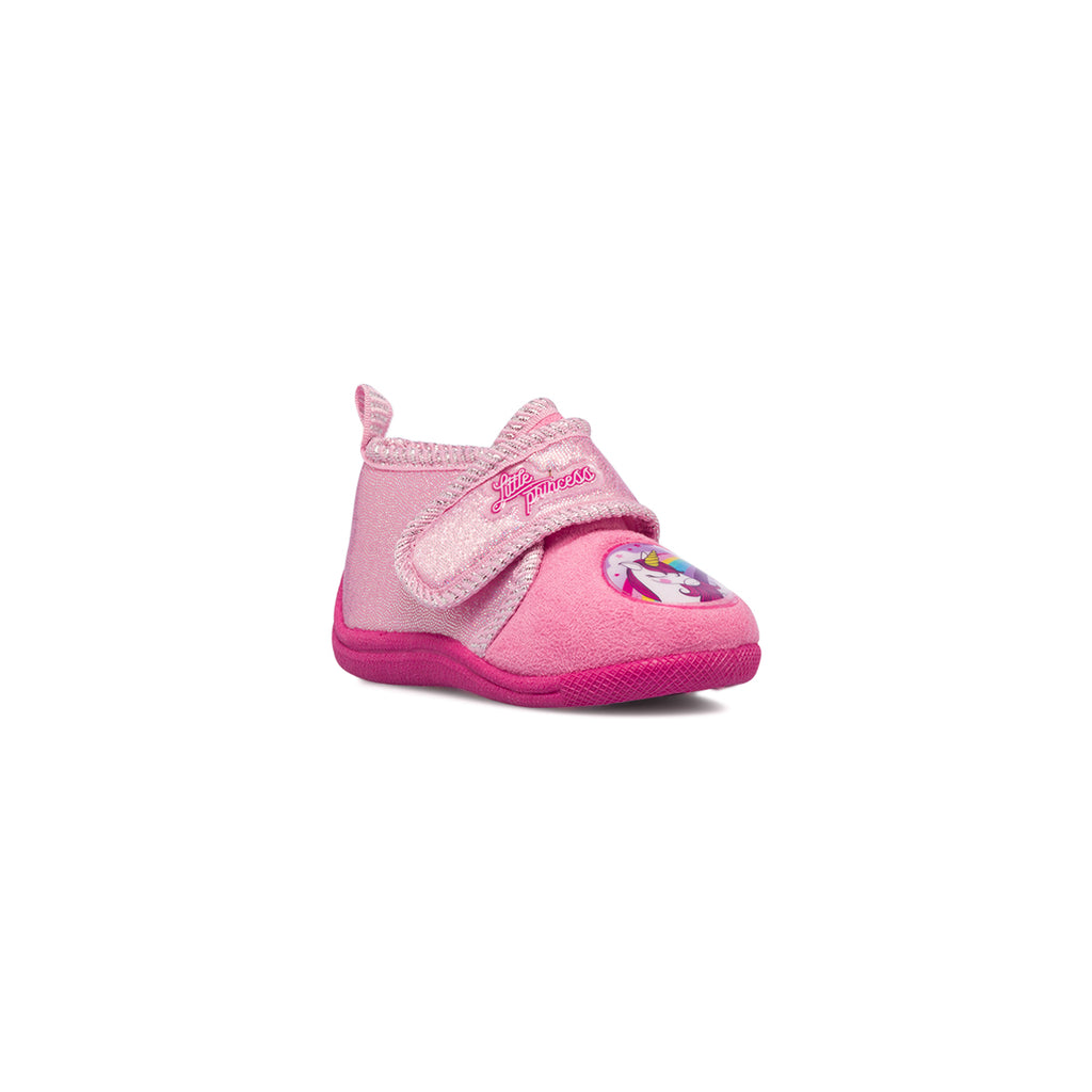 Pantofole da bambina rosa con patch unicorno e glitter