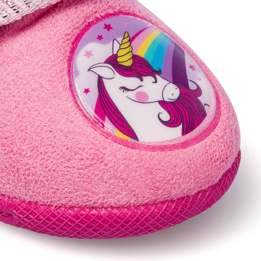 Pantofole da bambina rosa con patch unicorno e glitter