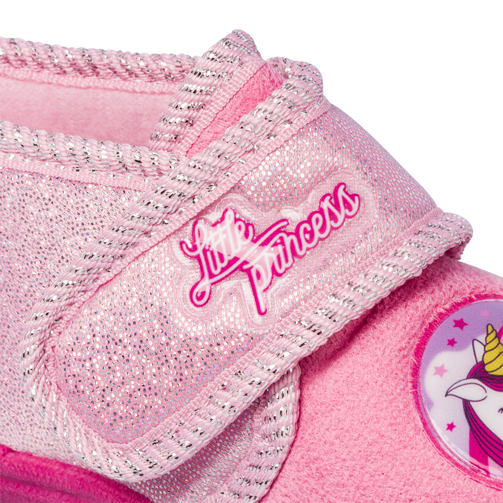 Pantofole da bambina rosa con patch unicorno e glitter