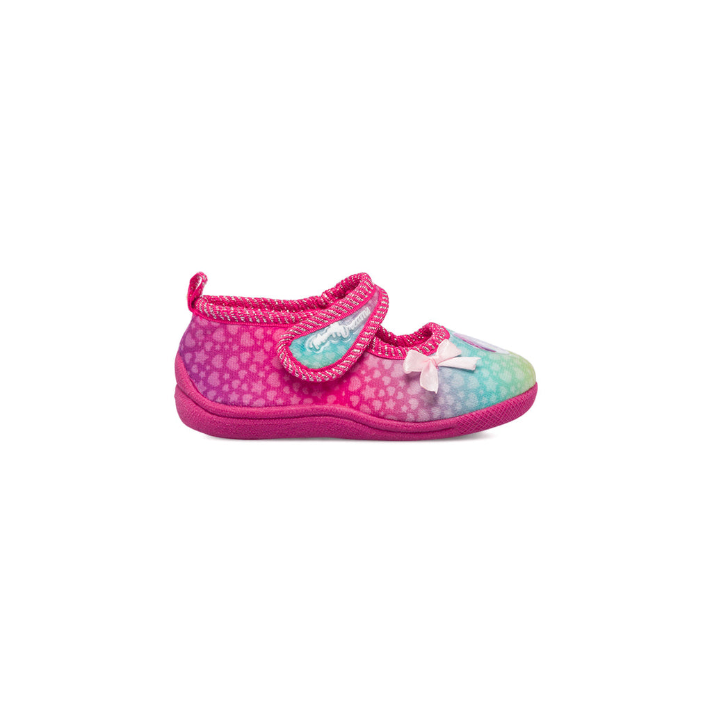 Pantofole arcobaleno da bambina con patch unicorno e fiocchetto