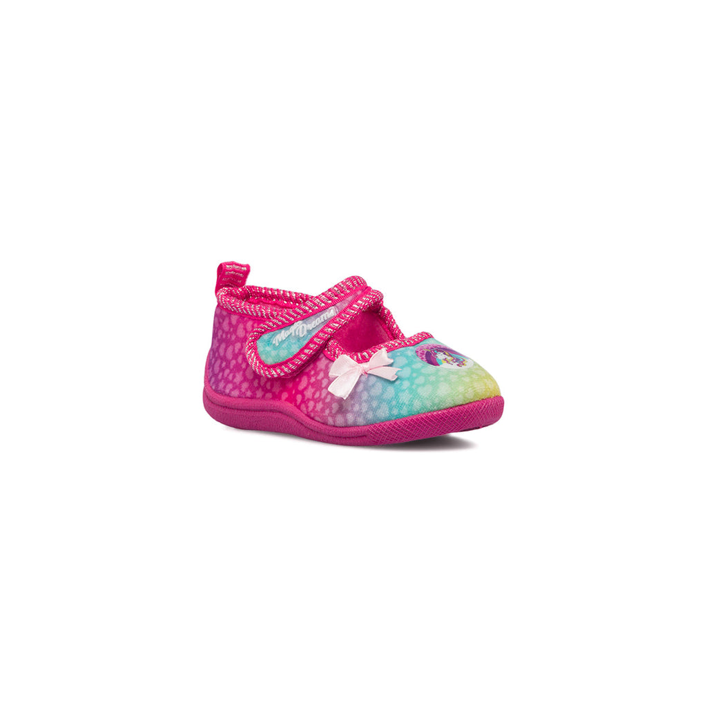 Pantofole arcobaleno da bambina con patch unicorno e fiocchetto