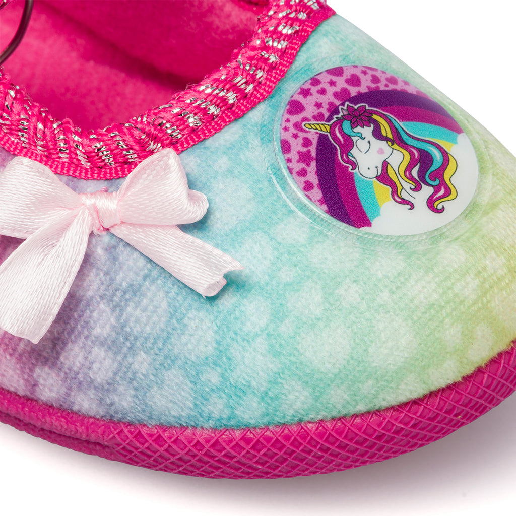 Pantofole arcobaleno da bambina con patch unicorno e fiocchetto