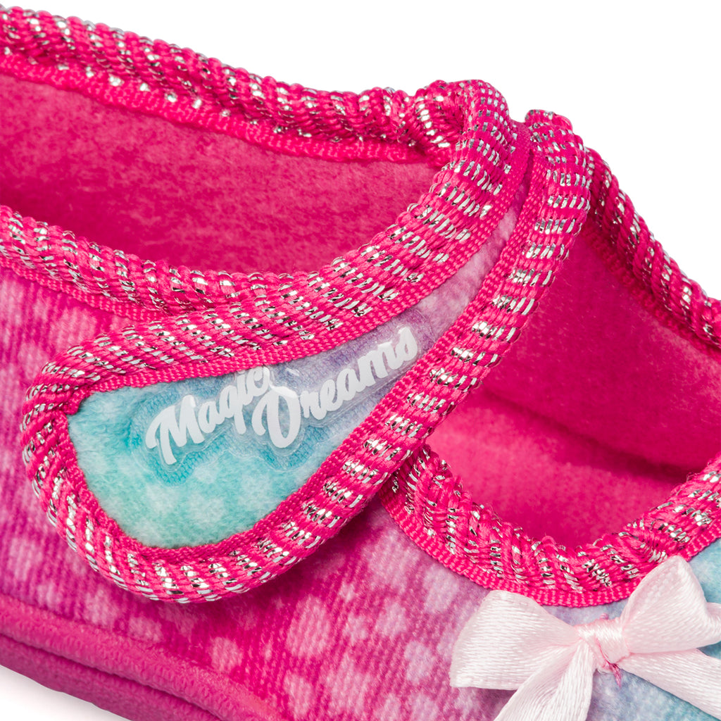 Pantofole arcobaleno da bambina con patch unicorno e fiocchetto