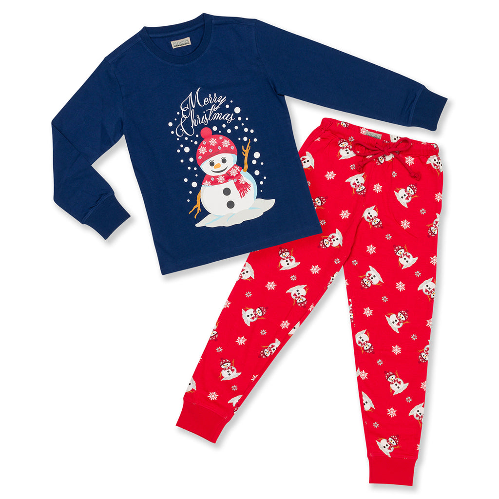 Pigiama natalizio blu da donna con pupazzo di neve e pantaloni rossi