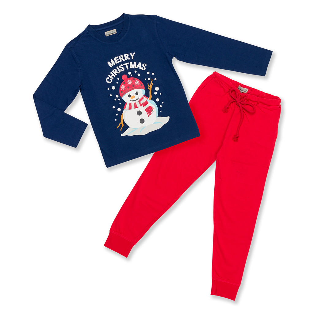 Pigiama natalizio blu da bambino con pupazzo di neve