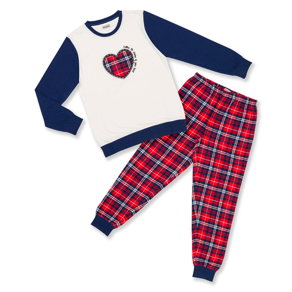 Pigiama natalizio bianco e blu da donna con cuore e pantaloni in stile tartan