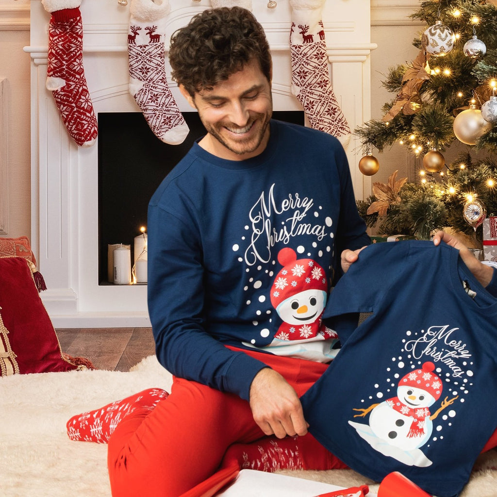 Pigiama natalizio blu da uomo con pupazzo di neve e pantaloni rossi