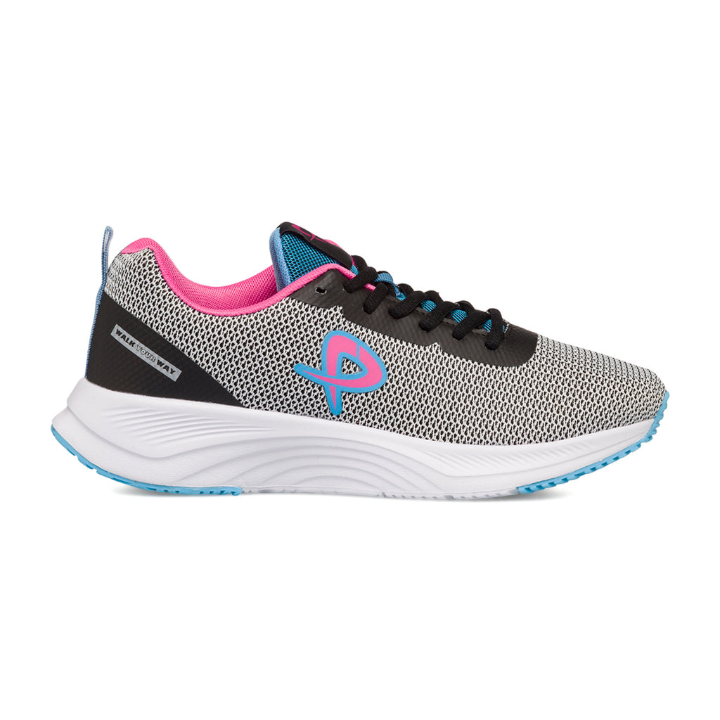 Sneakers in tessuto mesh bianche e nere da donna con dettagli azzurri e rosa P Go