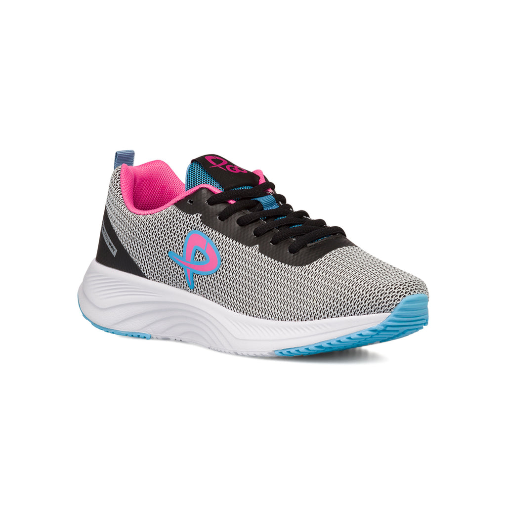 Sneakers in tessuto mesh bianche e nere da donna con dettagli azzurri e rosa P Go