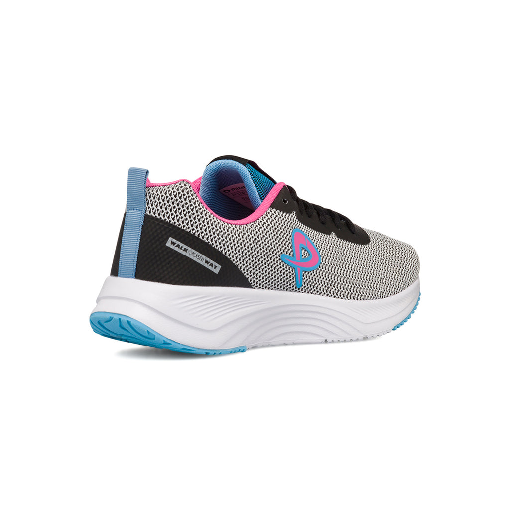 Sneakers in tessuto mesh bianche e nere da donna con dettagli azzurri e rosa P Go