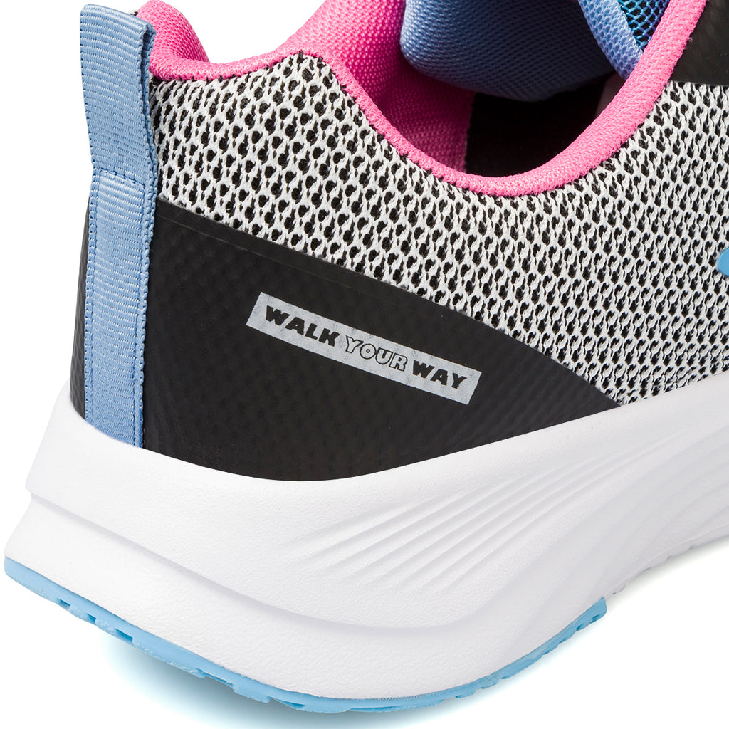 Sneakers in tessuto mesh bianche e nere da donna con dettagli azzurri e rosa P Go
