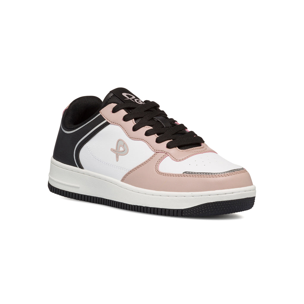 Sneakers bianche da donna con dettagli rosa e neri P Go