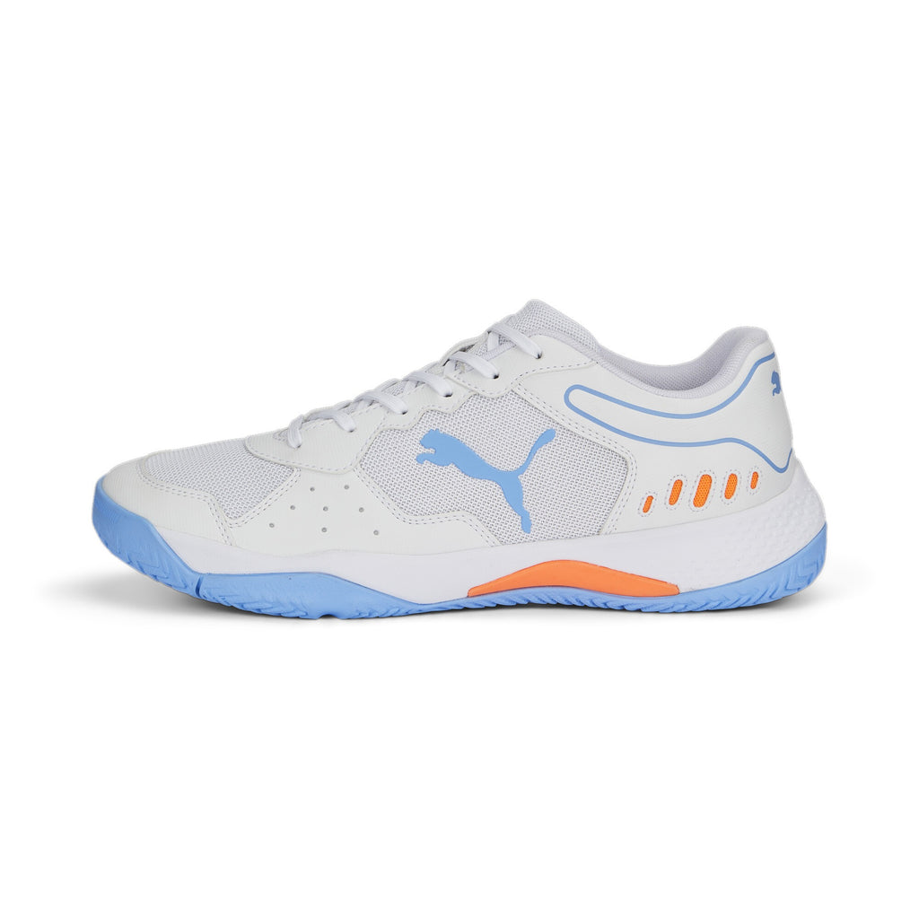 Scarpe da padel bianche da uomo con dettagli azzurri e arancioni Puma Solarsmash RCT