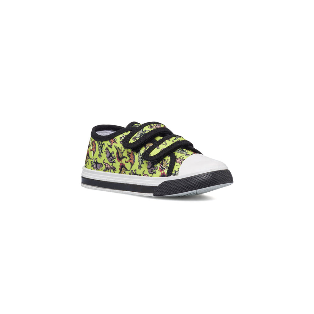 Sneakers primi passi gialle da bambino con luci nella suola e stampa Dinosauri