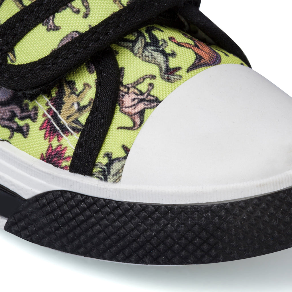 Sneakers primi passi gialle da bambino con luci nella suola e stampa Dinosauri