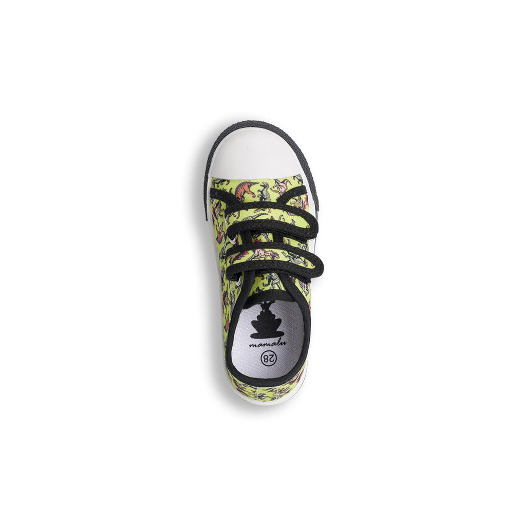 Sneakers primi passi gialle da bambino con luci nella suola e stampa Dinosauri