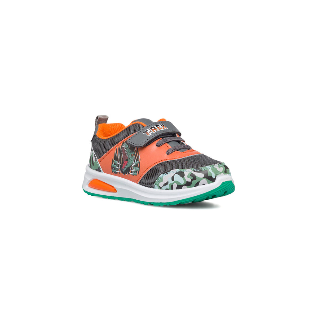 Sneakers primi passi arancioni da bambino con luci nella suola e stampa Dinosauri