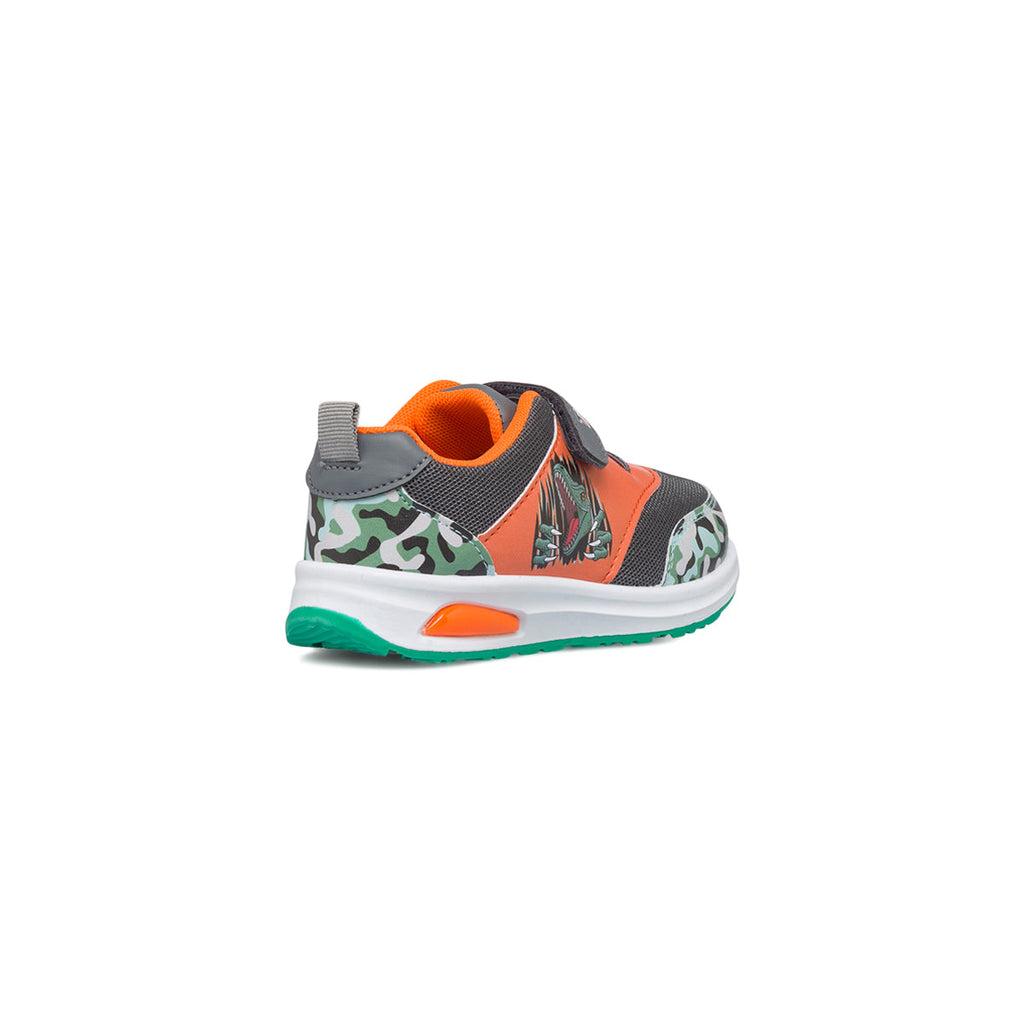 Sneakers primi passi arancioni da bambino con luci nella suola e stampa Dinosauri