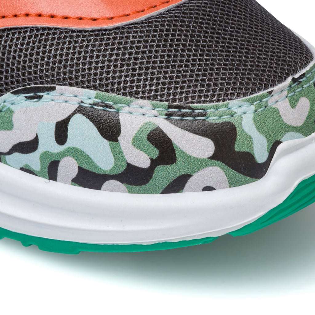 Sneakers primi passi arancioni da bambino con luci nella suola e stampa Dinosauri