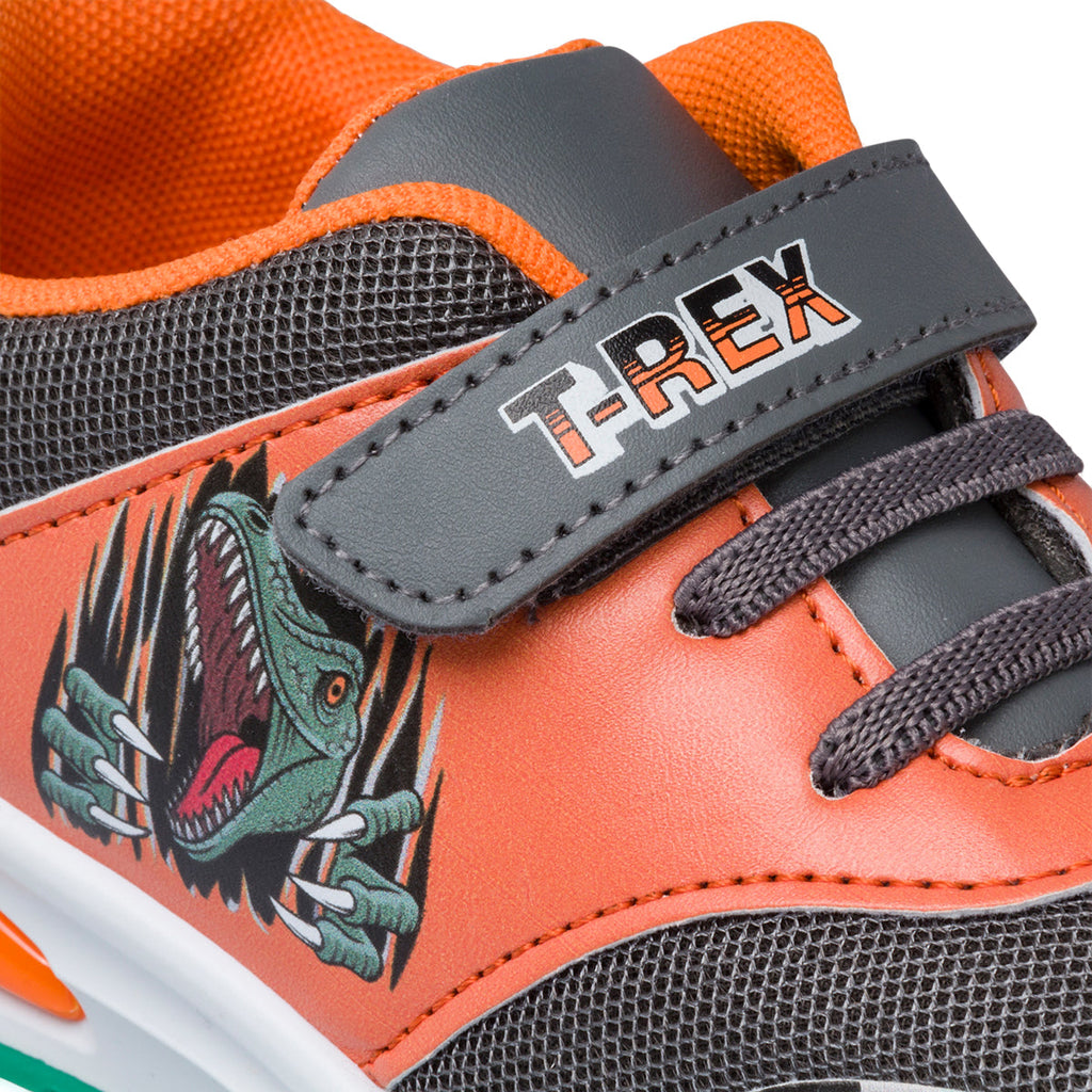 Sneakers primi passi arancioni da bambino con luci nella suola e stampa Dinosauri