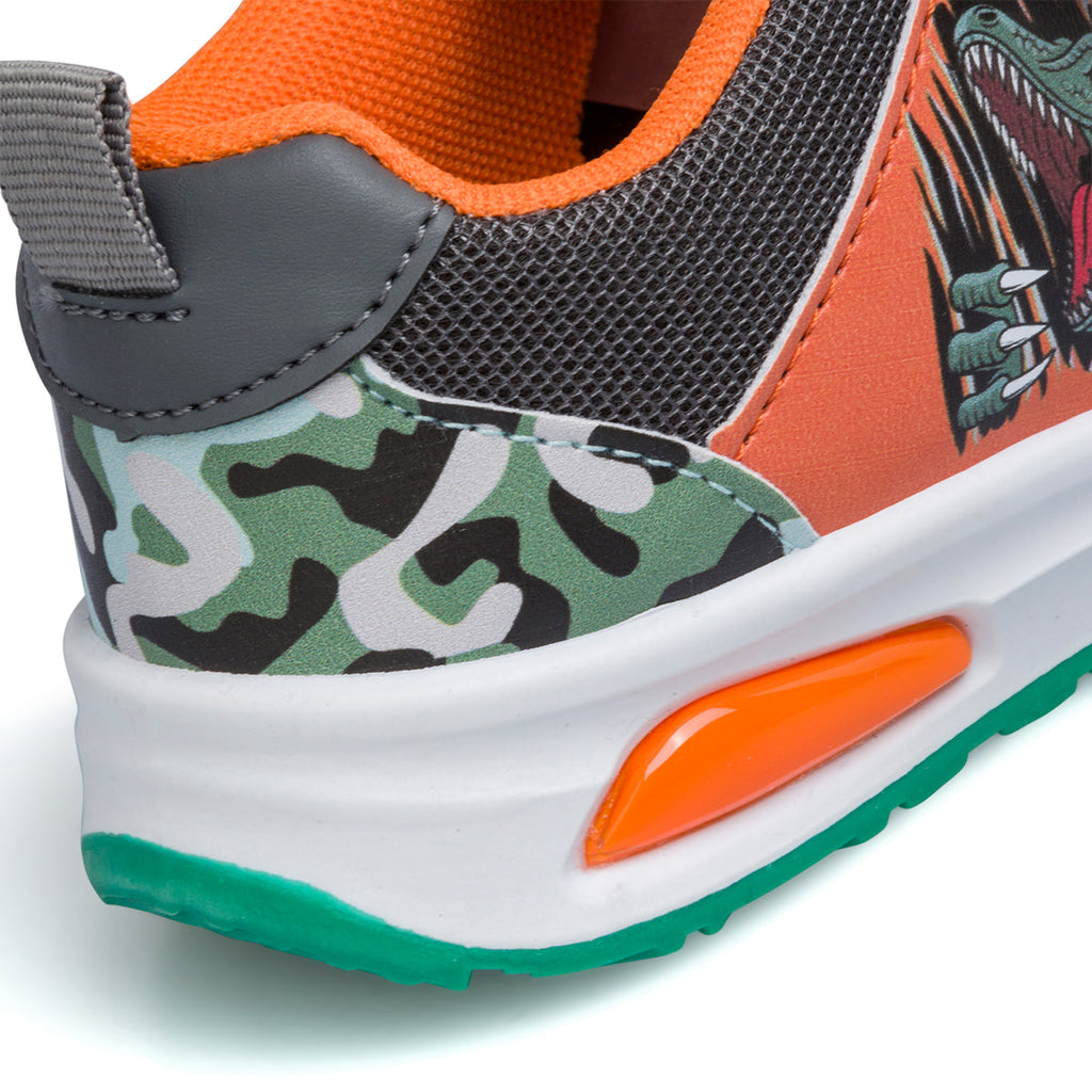 Sneakers primi passi arancioni da bambino con luci nella suola e stampa Dinosauri