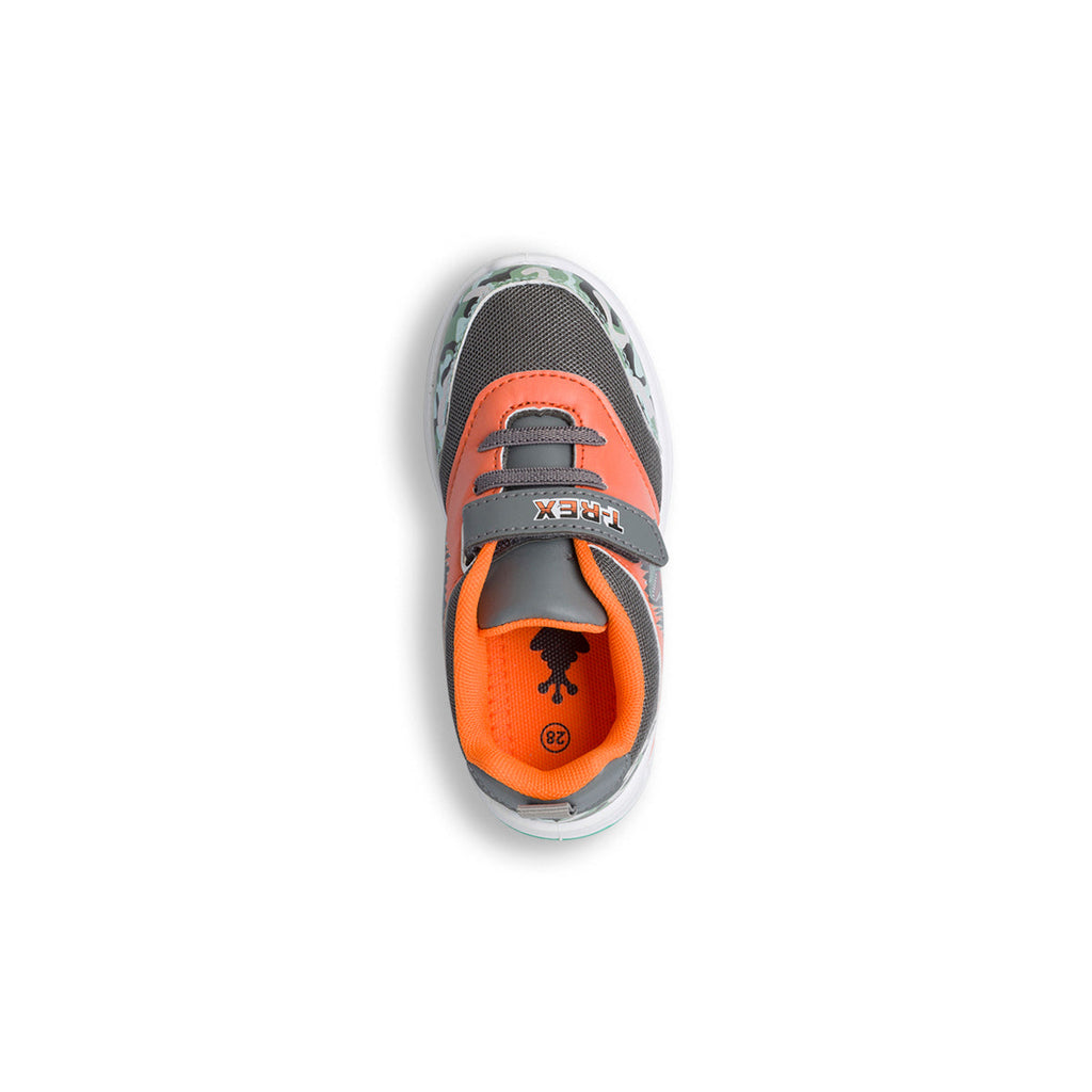 Sneakers primi passi arancioni da bambino con luci nella suola e stampa Dinosauri
