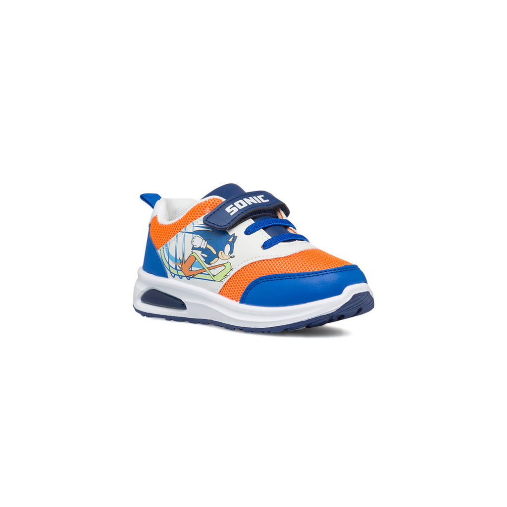 Sneakers primi passi bianche e blu da bambino con luci nella suola e stampa Sonic