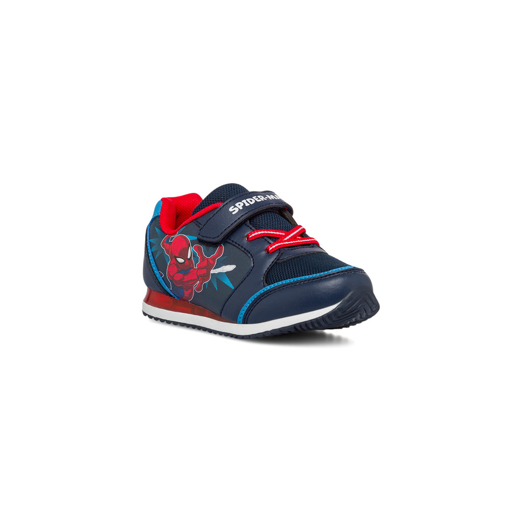 Sneakers primi passi blu da bambino con luci nella suola e stampa Spiderman