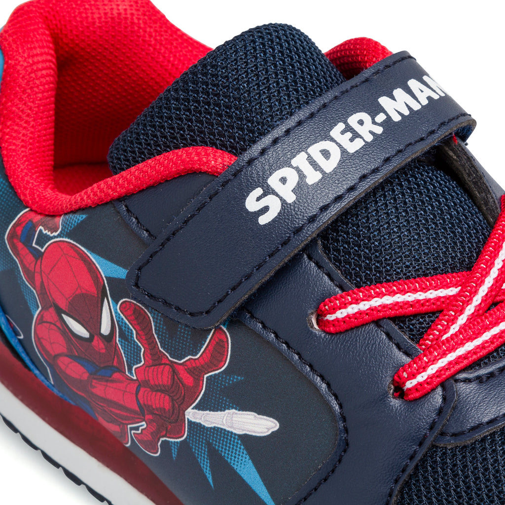 Sneakers primi passi blu da bambino con luci nella suola e stampa Spiderman