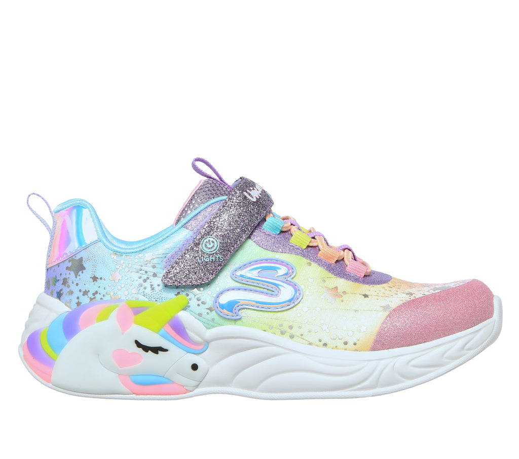 Scarpe da ginnastica azzurre da bambina con unicorno e luci nella suola Skechers S-Lights: Unicorn Dreams