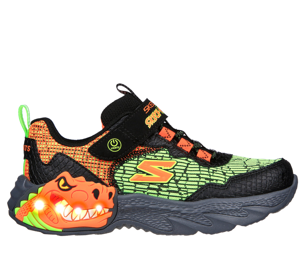 Scarpe da ginnastica arancioni e verdi da bambino con dinosauro e luci sulla tomaia Skechers Skech-O-Saurus - Dino-Lights