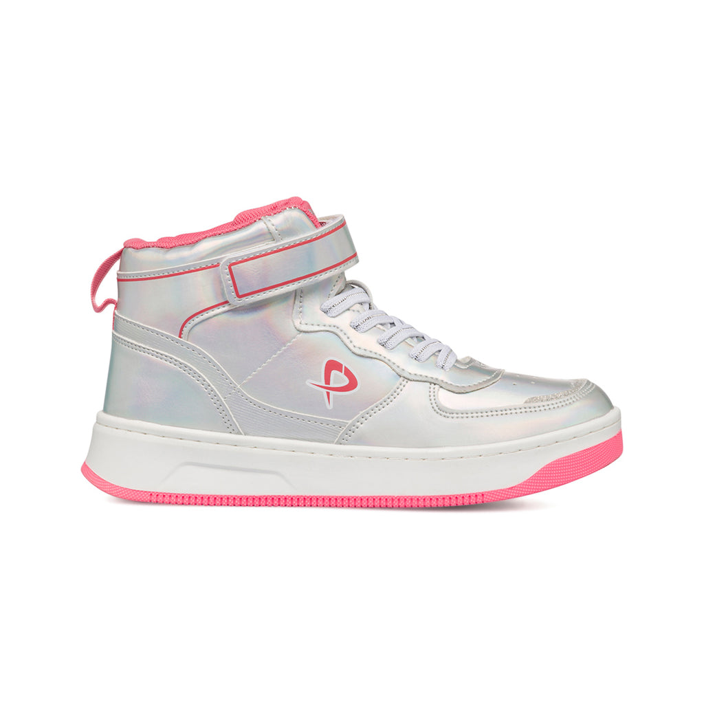 Sneakers alte grigie iridescenti da bambina con dettagli rosa P Go